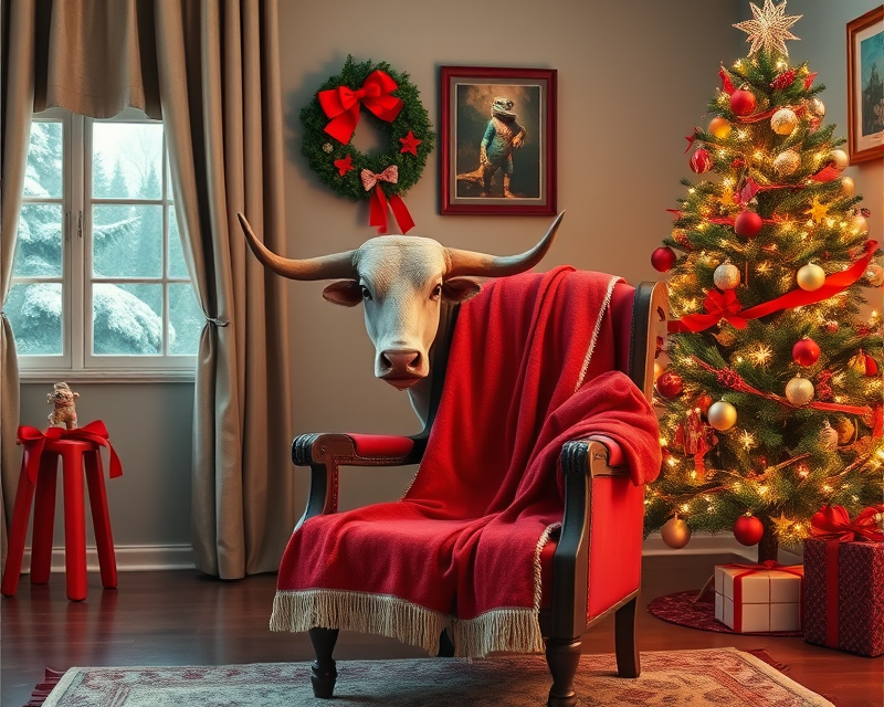 chair, bull, towel, iguana, christmas tree